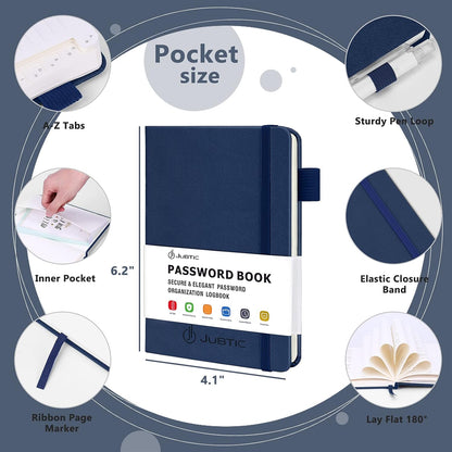 JUBTIC Password Book with Alphabetical Tabs Small Password Keeper with Inner Pocket Record Log in Internet Address Password Notebook Journal Hardcover Password Organizer for Home Office, Blue