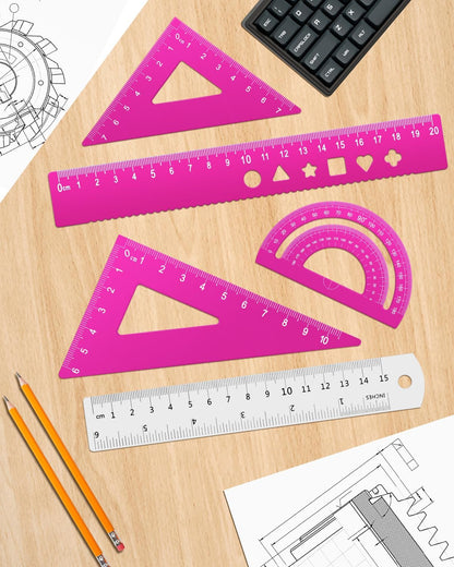 Honagu Triangular Ruler Set, 4+1Pieces Aluminum Alloy Ruler, Metal Drafting Ruler, Geometric Protractor for Students, School Office Supplies (Pink, 20cm)