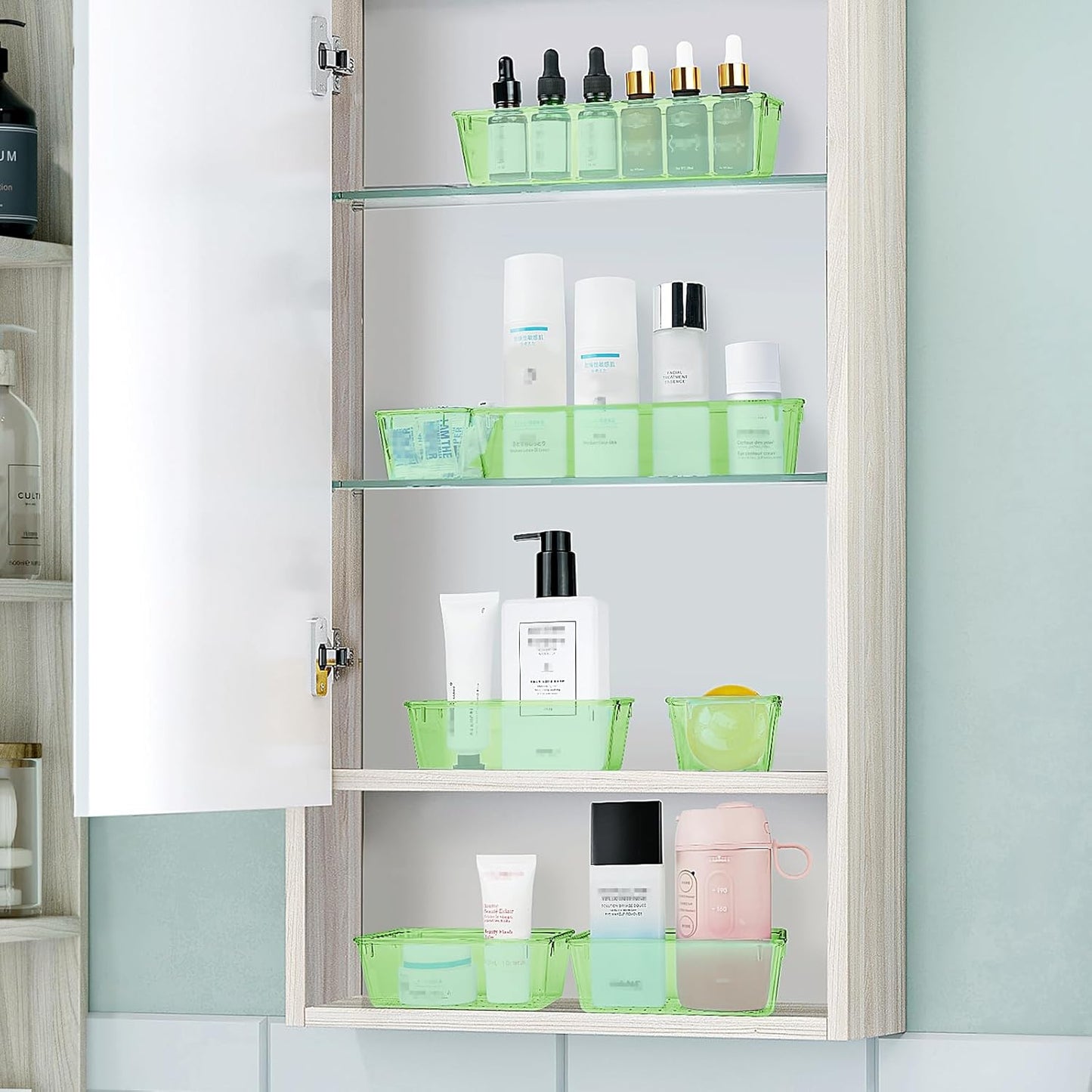 WOWBOX 25 PCS Plastic Drawer Organizer Set, 4 Sizes Desk Drawer Divider Organizers and Storage Bins for Makeup, Jewelry, Gadgets for Kitchen, Bedroom, Bathroom, Office, Clear Green