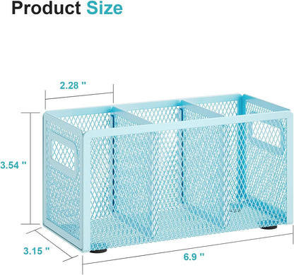 Marbrasse Mesh Pen Holder for Desk,Pencil Holder Desk Organizer 3 Adjustable Compartments,Pencil Cup with Handle Perfect for Classroom, Office, Home,Makeup,Art (Blue)