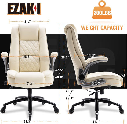 EZAKI High Back Office Chair-Flip-up Arms Executive Computer Desk Chair, Built-in Lumbar Support Thick Padded Adjustable Rock Tension Ergonomic Design for Back Pain (Beige)