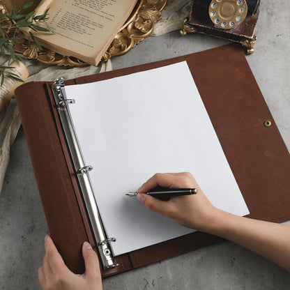 Leather 3 Ring Binder Holds 8.5 x 11 Inch Paper Binder Organizer Vintage Faux Leather Portfolio Folder Planner for Office Home Document Photo Diary Supplies(Chocolate)