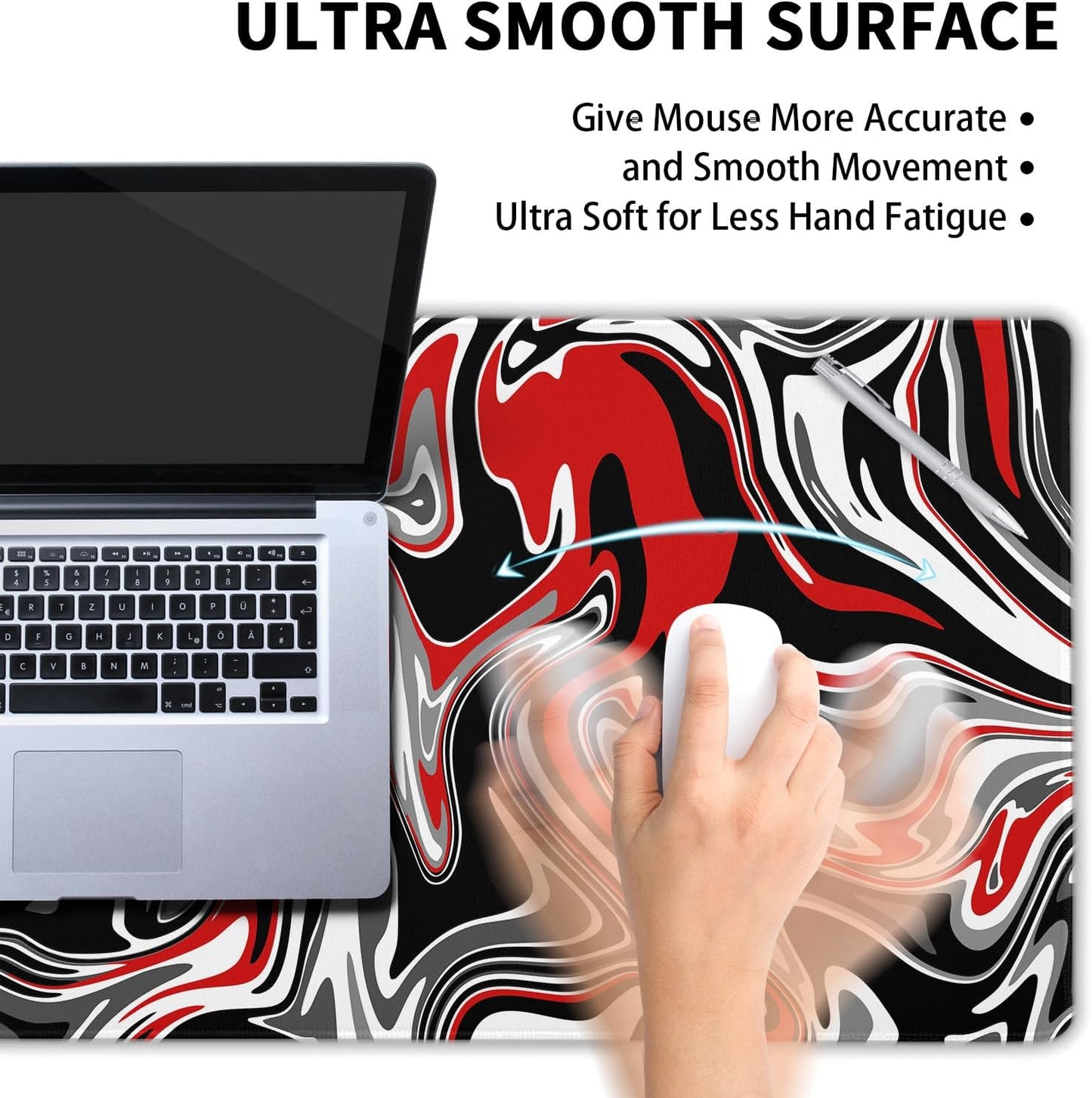 Black Red Swirl Gaming Mouse Pad XXL Gray Marble Grey Fluid Design Extended Large Mat Mousepad Desk Pad Non-Slip Rubber Base Stitched Edge Keyboard Pad Playmat for Computer,35.4×15.7 Inch