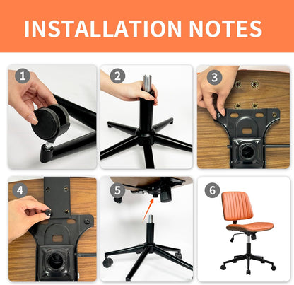 Small Home Office Chair - Armless Mid Back Desk Chair with 360° Swivel and Wheels, PU Upholstered Height Adjustable Modern Walnut Computer Chair for Home, Office Meeting Room - Orange