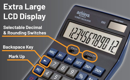 Achieva 12-Digit LCD Display Desktop Calculator | Blue | Mark Up Key, Selectable Decimal & Rounding Switches | Dual Solar/Battery Power | for Home, Office, School (990)