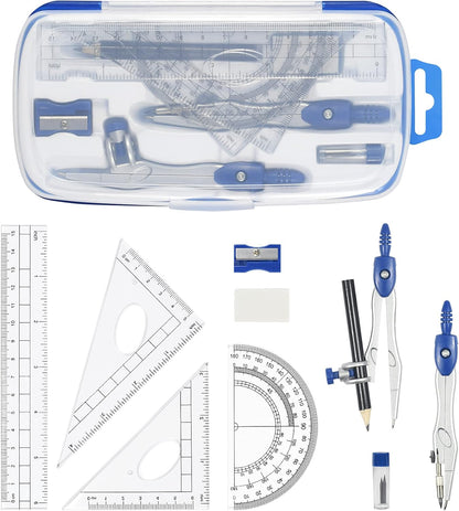 Math Geometry Kit Sets 10 Piece Student Supplies with Shatterproof Storage Box,Includes Rulers,Protractor,Compass,Eraser,Pencil Sharpener,Lead Refills,Pencil,for Drafting（Navy Blue）