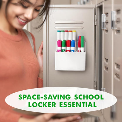 2 Pcs Magnetic Dry Erase Marker Holder for Whiteboard, Plastic Magnetic Pen Holder for Refrigerator Fridge, Magnet Pencil Cup for School Classroom, Locker Accessories, Pen Cup Organizer-White