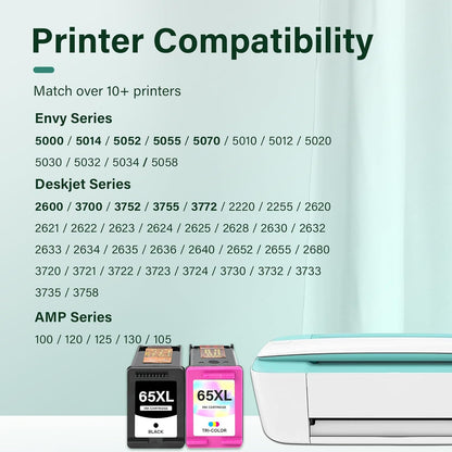 65XL 65 Ink Cartridges Black/Color Combo Pack Remanufactured Replacement for HP65 XL Black and Color for HP Envy 5055 5052 5000 DeskJet 3755 3772 3700 2600 3752 Printer (Black Tri-Color)