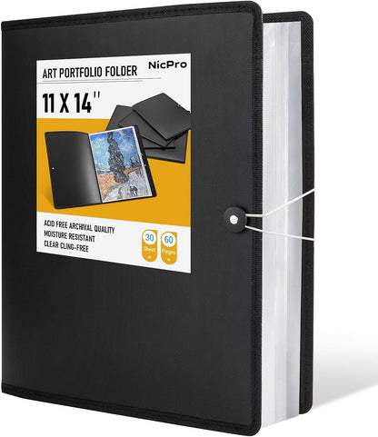 Nicpro 11x14 Art Portfolio Folder, 30 Pockets Display 60 Pages Art Painting Portfolio Binder with Clear Plastic Sleeves, Presentation Storage Book for Artists Artwork Drawing - (Black)