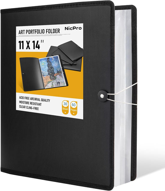 Nicpro 11x14 Art Portfolio Folder, 30 Pockets Display 60 Pages Art Painting Portfolio Binder with Clear Plastic Sleeves, Presentation Storage Book for Artists Artwork Drawing - (Black)