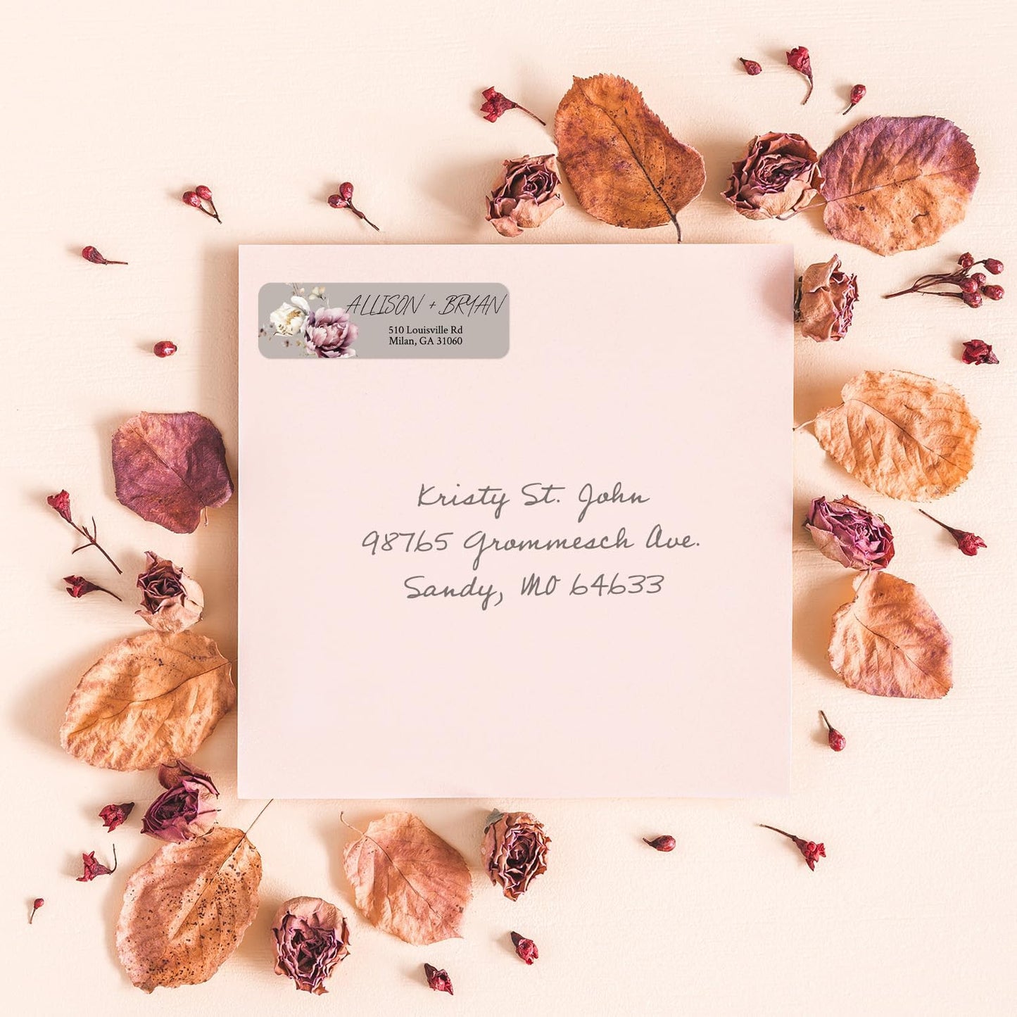 Taupe Watercolor Floral Rolled Address Labels / 250 Personalized Return Address Labels/Designer Address Stickers in Elegant Plastic Dispenser