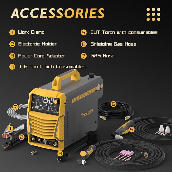 TOOLIOM CUT/HF TIG/Pulse TIG/Spot Welding/Stick 5 in 1 Portable Welding Machine: 50A Air Plasma Cutter, 200A TIG Welder, 180A Stick Welder, with Dual Voltage 110&220V