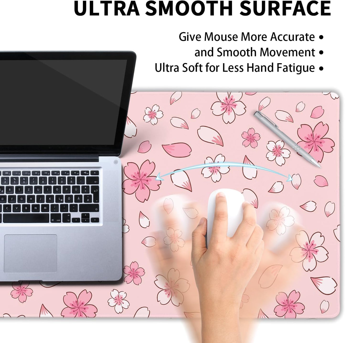 Pink Cherry Blossom Gaming Mouse Pad Large XL Cute Anime Aesthetics Floral Extended Kawaii Flowers Large Mousepad Non-Slip Rubber Base Stitched Edge Long Keyboard Desk Mat for Computer,24x14 Inch