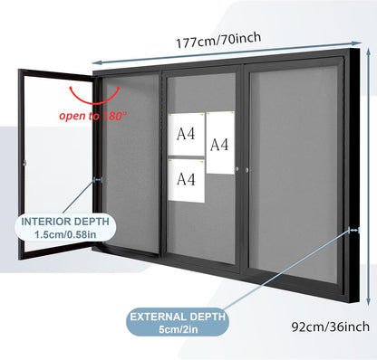Enclosed Bulletin Board Outdoor Noticeboard with Locking Door, Weather-Resistant, Grey Felt, Black Aluminum Frame, 70 x 36 in