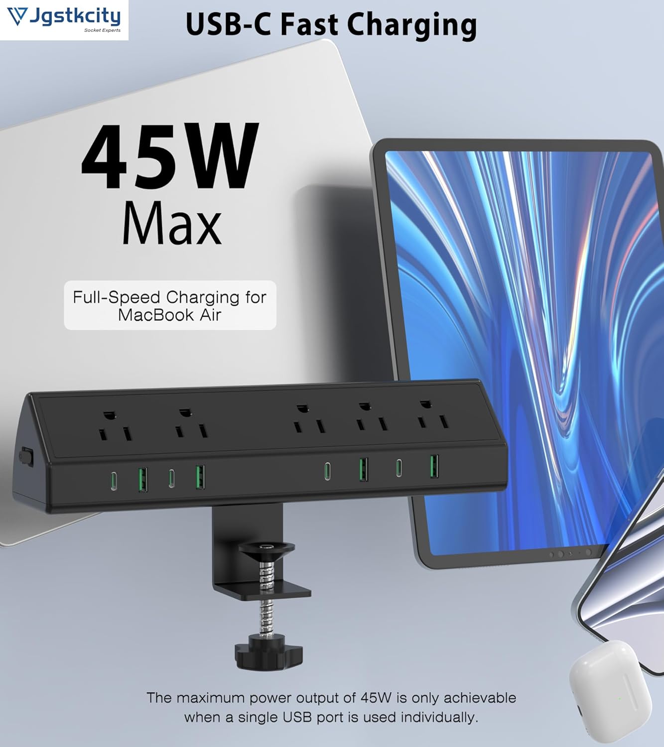 45W Fast Charging Station,Desk Clamp Power Strip,4 PD USB-C Ports,5 AC Outlets,Surge Protector Power Strip, 14AWG Heavy Duty Cord, Fits 1.9" Tabletop Edge (Black, 10 FT Cable)