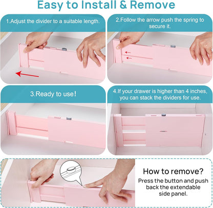 Vtopmart 8 Pack Drawer Dividers for Clothes, 4" High 11.6"-17" Adjustable Expandable Dresser Drawer Organizer, Plastic Separators for Dresser, Baby Clothes, Underwear, Kitchen & Office Storage, Pink