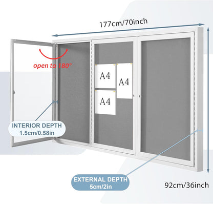 Outdoor Bulletin Board Weatherproof 72x36 in,Enclosed Bulletin Board with Locking Door, Wall Display Case for Office School Home Commercial, Silver Aluminum Frame, Gery Felt