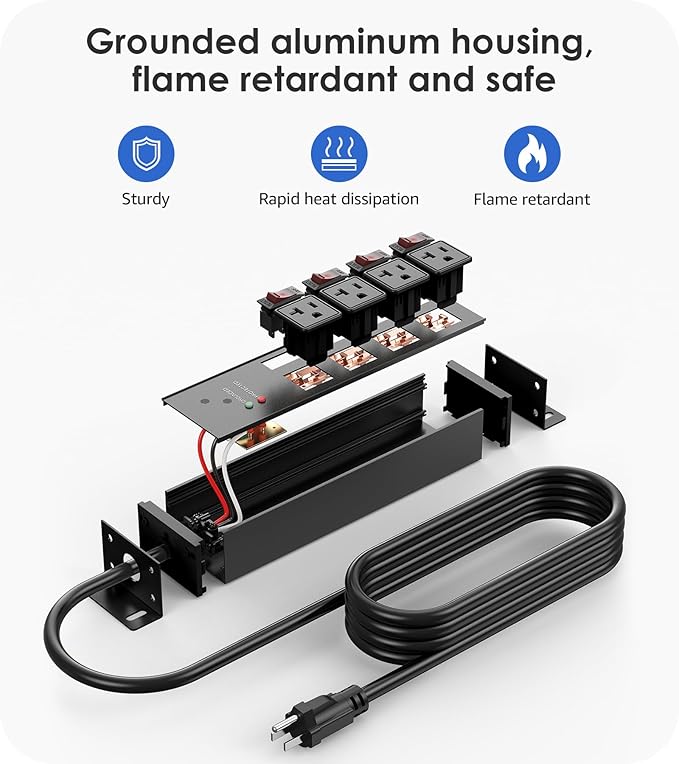 CCCEI Heavy Duty Surge Protector Power Strip 20 Amp Individual Switches. 15FT 12 Gauge Extension Cord with Multiple Outlets. Kitchen, Garage, Shop, Industrial Wall Mount Electric Extender, Black.