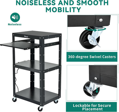 YITAHOME Large AV Cart with 16.4ft Extra-Long Cord, Metal Presentation Cart with Keyboard Tray, Rolling Media Carts with Wheels and Power, 2 Locking Brakes, Easy to Assemble, Black