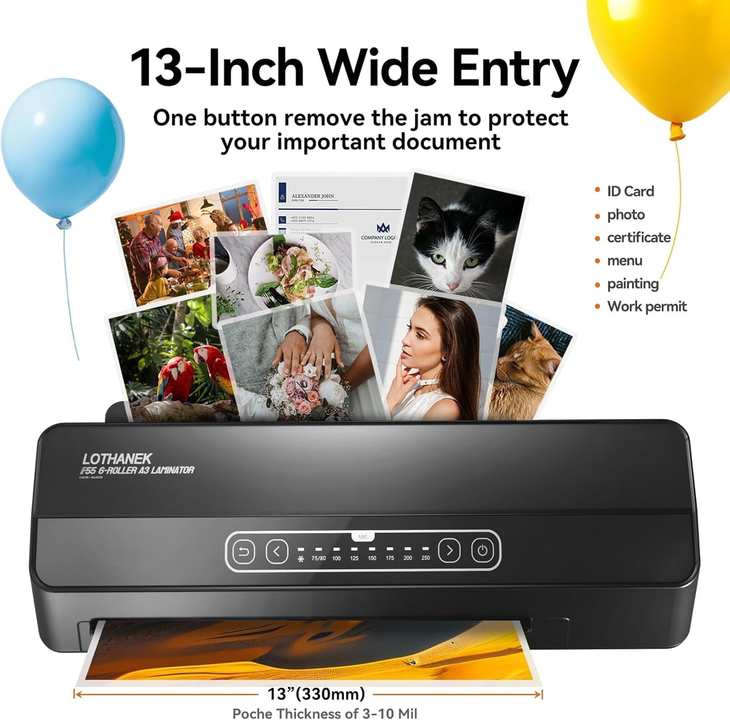 A3 6-Roller Commercial Laminator Machine, LOTHANEK 3-10 Mil 13 inch Heavy Duty Thermal Laminating Machine, 60-Second Warm-up, 40 Inches/Minute, Touch Screen for Home, School Office (Black)