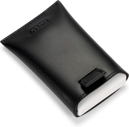 HISCOW Business Card Holder with Flap for Dispensing Cards - Italian Calfskin (Black)