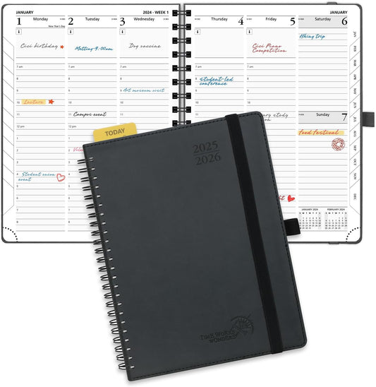 POPRUN Planner 2025-2026 (Medium - 6.5'' x 8.5'') Academic Weekly Calendar (July 2025 - June 2026) with Hourly Time Slots, Monthly Tabs, 100GSM Thick Papers, Spiral Leather Cover - Black