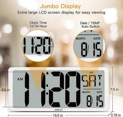 XREXS Large Digital Wall Clock with Backlight, 16.9 Inch Jumbo LCD Screen with Time/Calendar/Temperature Display, Alarm Clocks for Bedroom Home Decor, Count Up & Down Timer (Batteries Included)
