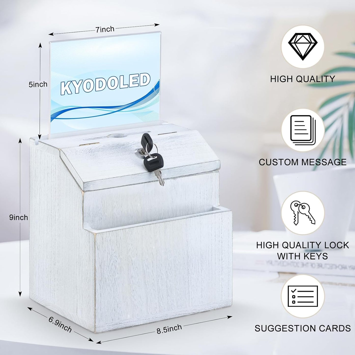KYODOLED Wood Suggestion Box with Lock, Rustic White Ballot Box Donation and Key Drop Box with Acrylic Sign Holder and 30 Free Suggestion Cards, Wall Mounted or Freestanding, 9H x 6.9W x 8.5L Inch