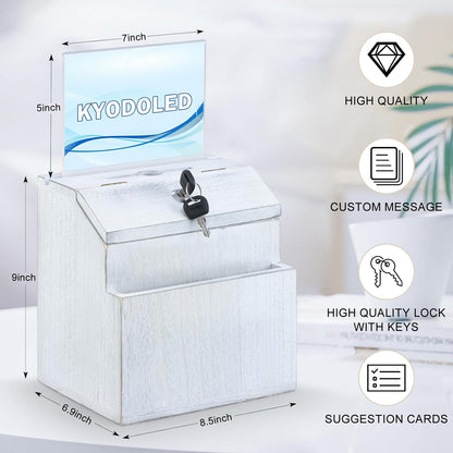 KYODOLED Wood Suggestion Box with Lock, Rustic White Ballot Box Donation and Key Drop Box with Acrylic Sign Holder and 30 Free Suggestion Cards, Wall Mounted or Freestanding, 9H x 6.9W x 8.5L Inch