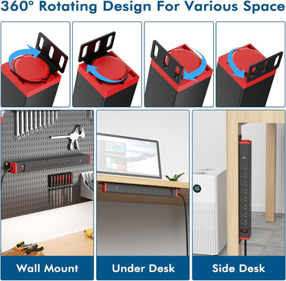 360° Rotating Mountable Power Strip with USB Ports, 8 Outlet Surge Protector Power Strips Wall Mount, Metal Heavy Duty Versatile Outlet with 6FT Power Cord,For Home Office Industrial Garage Commercial