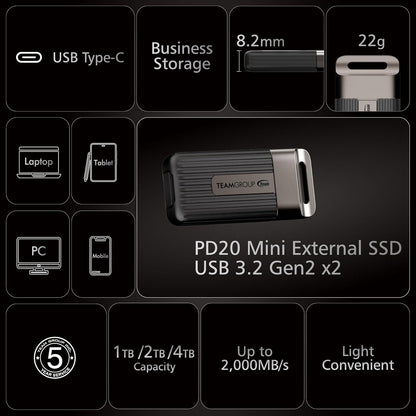 TEAMGROUP PD20 2TB Portable External Solid State Drive SSD Read up to 2000MB/s USB 3.2 Gen2x2 Type-C Waterproof Dustproof IP54 TPSEG5002T0C102