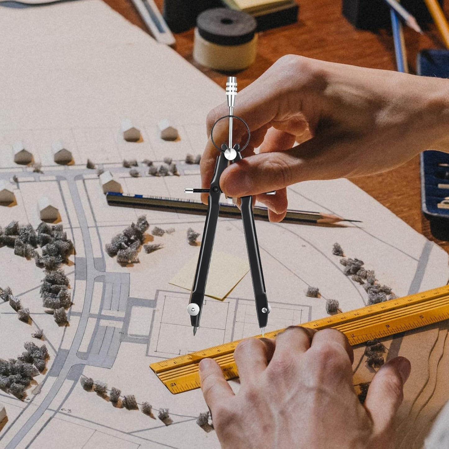 EBOOT Student Geometry Math Set, Drawing Compass and 6 Inch Clear Swing Arm Protractors 180 Degree Math Protractor (Black)