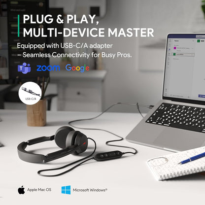 Yealink UH44 Teams Certified USB Wired Headset with 2 Noise Cancelling Mics,Stereo Sound for PC,Laptop,Teams,Zoom,Call Center,Home Office,Inline Controls,Comfort Ear Cushions,USB-C/A,Busylight-Black