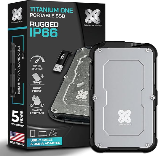 Titanium Micro 240GB External SSD, Titanium One Portable SSD - Up to 500MB/s, USB 3.2 Gen 2 USB-C USBA, Rugged IP66 Water Drop Resistance, External Solid State Drive Storage for PC Mac Smartphone