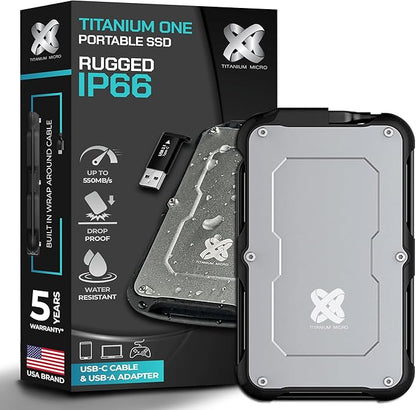 Titanium Micro 500GB External SSD, Titanium One Portable SSD - Up to 550MB/s, USB 3.2 Gen 2 USB-C USBA, Rugged IP66 Water Drop Resistance, External Solid State Drive Storage for PC Mac Smartphone