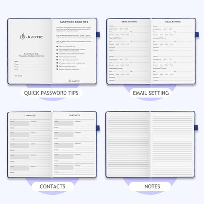 JUBTIC Password Book with Individual Alphabetical Tabs, 7"x10" Internet Password Keeper Book for Seniors, Password Notebook and Organizer/Notes Section, Navy Blue