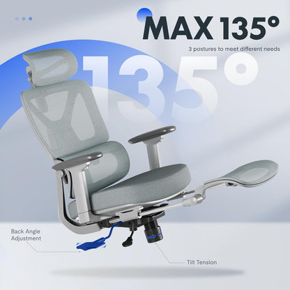 FLEXISPOT ErgoX Premium Ergonomic Office Chair with Footrest- Adjustable 3D Armrests, Dynamic Lumbar Support, Recline & Tilt Function, Mesh Seat, for Home & Office Use,Foam Blue