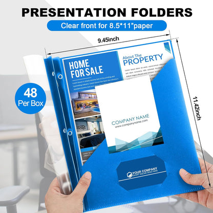 Teling 48 Pcs Clear Front Report Covers with 3 Prongs Fasteners, 11.42 x 9.45 Inch Plastic Book File Covers 90 Sheet Capacity, Presentation Folder with Blue Back Cover for Office Business