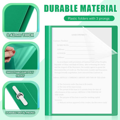 Teling 48 Pcs Clear Front Report Covers with Prongs Plastic Presentation Folders 3 Prong Resume Portfolio Folder for School(Green)