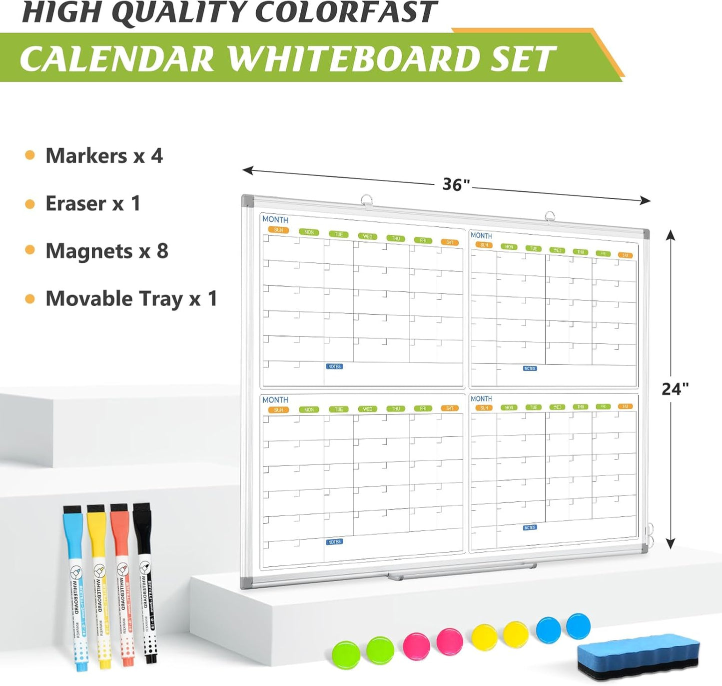 Dry Erase Calendar Whiteboard for Wall, 36" x 24" Magnetic Planner, Silver Aluminum Frame 4 Month Board for Office Home and School