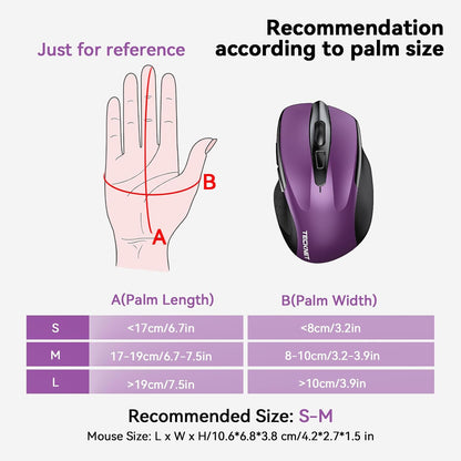 TECKNET Wireless Mouse (BT5.0/3.0 & 2.4G) Rechargeable 4800 DPI Silent USB A & Bluetooth Mouse 6 Buttons, Wide Compatibility - Purple