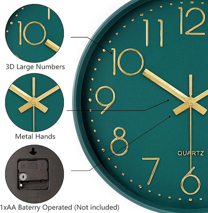 Modern Silent Wall Clock, 12 Inch Wall Clocks Battery Operated Large Number, Non-Ticking Analog Clock with Tempered Glass Quartz Clocks for Living Room Bedroom Office Kitchen, Dark Green