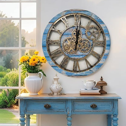 ImprovingLife The Gears Clock The Original Real Moving Gear Wall Clock Vintage Industrial Oversized Rustic Farmhouse (24 inch (60cm), Vintage Ocean Blue and Bronze)