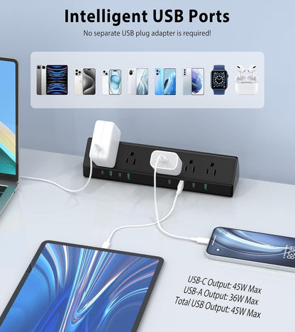 45W Fast Charging Station,Desk Clamp Power Strip,4 PD USB-C Ports,5 AC Outlets,Surge Protector Power Strip, 14AWG Heavy Duty Cord, Fits 1.9" Tabletop Edge (Black, 20 FT Cable)