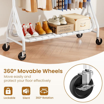 Double Rods Clothing Rack, Heavy Duty Clothes Rack for Hanging Clothes Load 560LBS, Metal Rolling Garment Racks with Wheels, Freestanding Clothes Hanging Racks, White