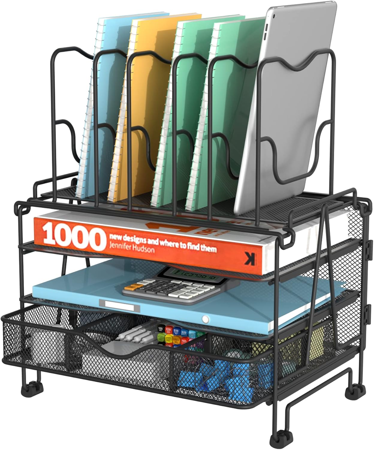 Mesh Desk Organizer, 3-in-1 Desktop Organizer with 3 Tier Tray and 5 Upright Sections, File Organizer for Desk with Sliding Drawer, Black