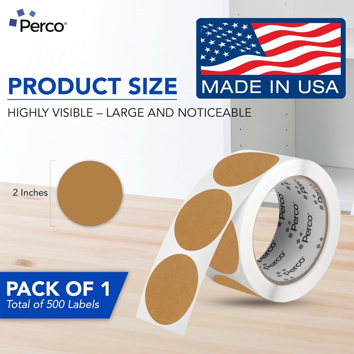 Perco Kraft Brown 2-Inch Round Circle Dot Sticker Labels with Strong and Permanent Adhesive - 500 Labels per Roll - Natural, Cardboard-Like Surface - Made in USA