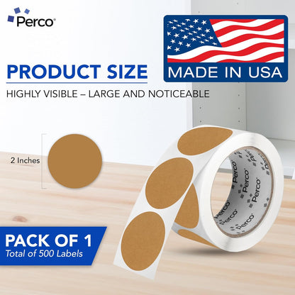 Perco Kraft Brown 2-Inch Round Circle Dot Sticker Labels with Strong and Permanent Adhesive - 500 Labels per Roll - Natural, Cardboard-Like Surface - Made in USA