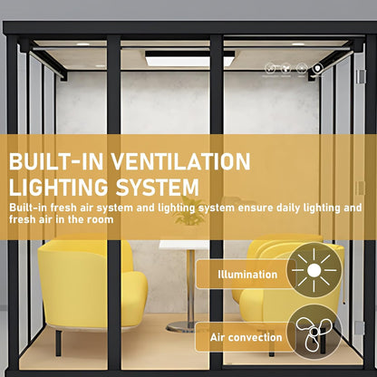 Office Sound Booth with Audio Privacy - Modern Soundproof Booth Includes Black Transparent Glass Design,Freestanding Office Room with Light, Fans,Casters for Negotiation,Meeting(86.61IN)