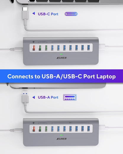 Powered USB Hub 10Gbps, 10 Ports USB 3.1 Gen 2 Hub Power Multiport USB Splitter USB Extender (7 USB 3.1 Data Port and 3 Fast Charging Port) with 36W Power Adapter, for Desktop/USB-A&USB-C Laptop/PC